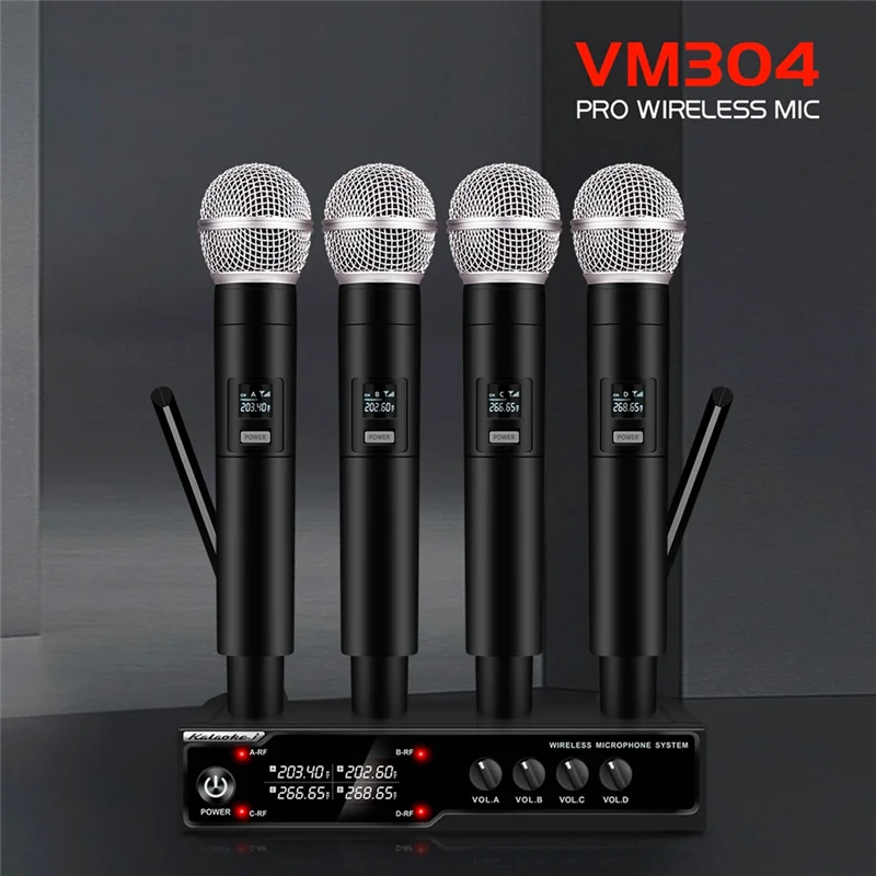 VM304 Audio 4-Channel Wireless Microphone System Handheld Mic 80M Range For Karaoke Speech Singing Portable Set US Plug Durable