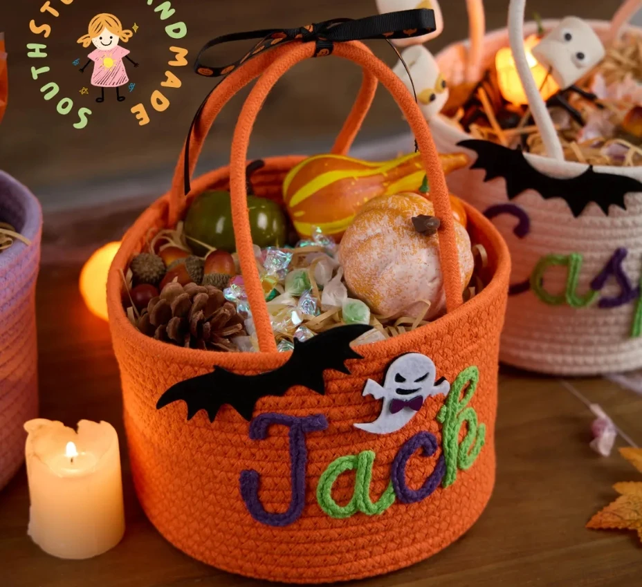 Personalized Halloween Cotton Basket Custom Name Trick-or-Treat Bag New Custom Baby Shower Name Basket Toys Storage Nursery Gift