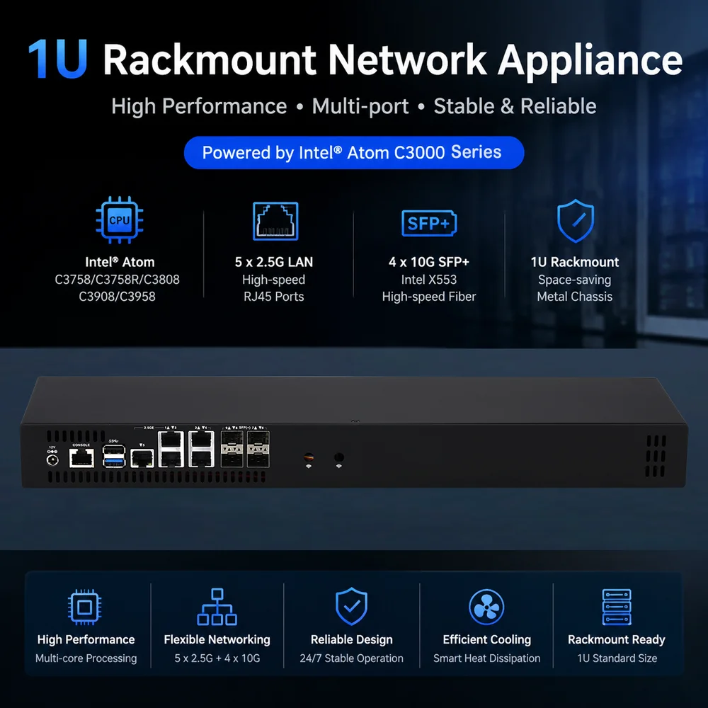 Qotom C3758R C3958 1U Rackable Server Atom Denverton 4*X553 10G SFP+ 5*2.5G LAN Barebone Firewall Router Network Mini PC
