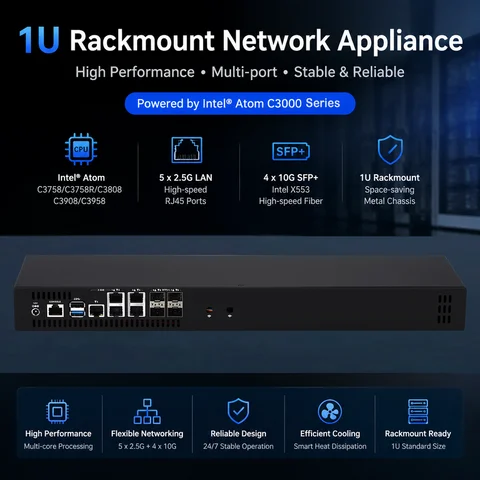 Qotom C3758R C3958 1U Rackable Server Atom Denverton 4*X553 10G SFP+ 5*2.5G LAN Barebone Firewall Router Network Mini PC