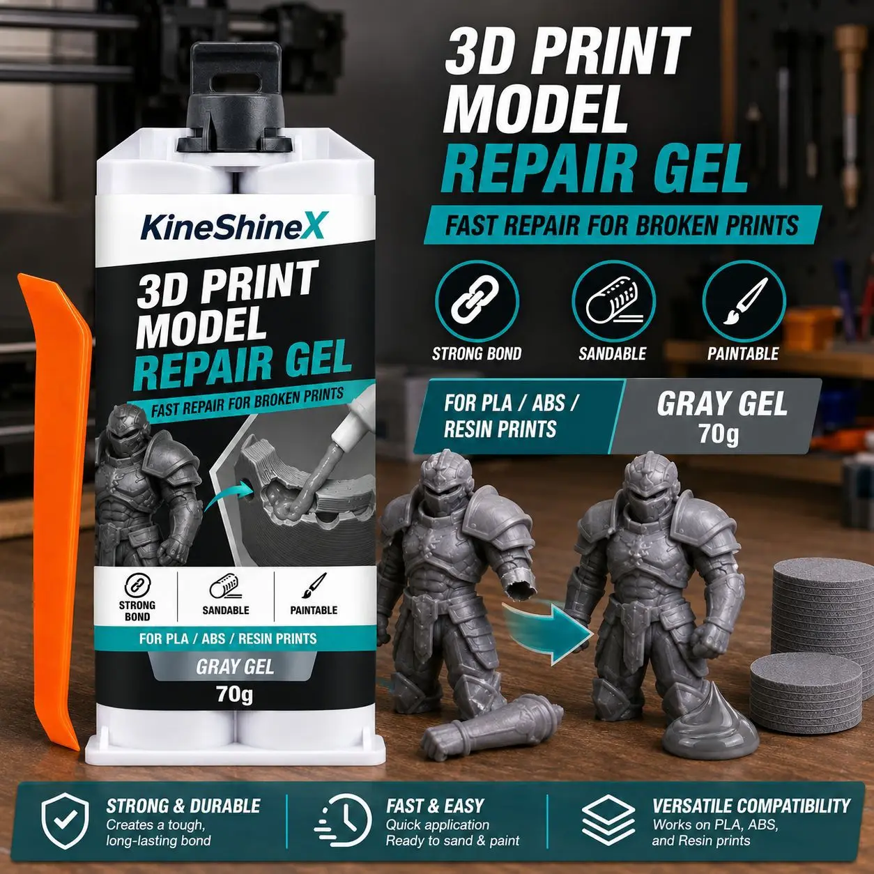 70g 3D Print Model Repair Gel Kit with Scraper & Sanding Pads for PLA ABS Resin Prints, Crack Filling Bonding & Finishing