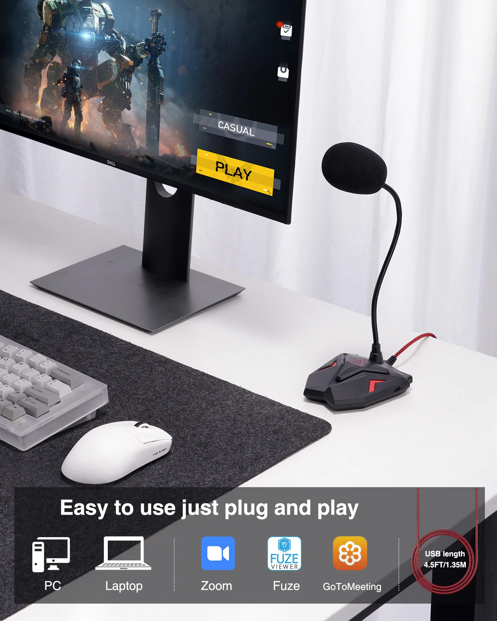 ميكروفون ألعاب Jamelo ميكروفون USB لمكثف الكمبيوتر 60 رقبة معقوفة قابلة للتعديل لعبة تسجيل يوتيوب للاستوديو