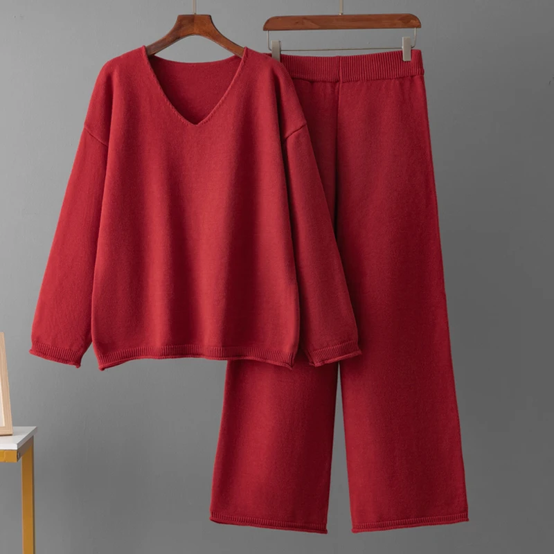 Warm Winter Knitted Two Pieces Sets Women Outfits Long Sleeve V Neck Sweaters+Casual Wide Leg Pants Basics Loose 2pcs Suits