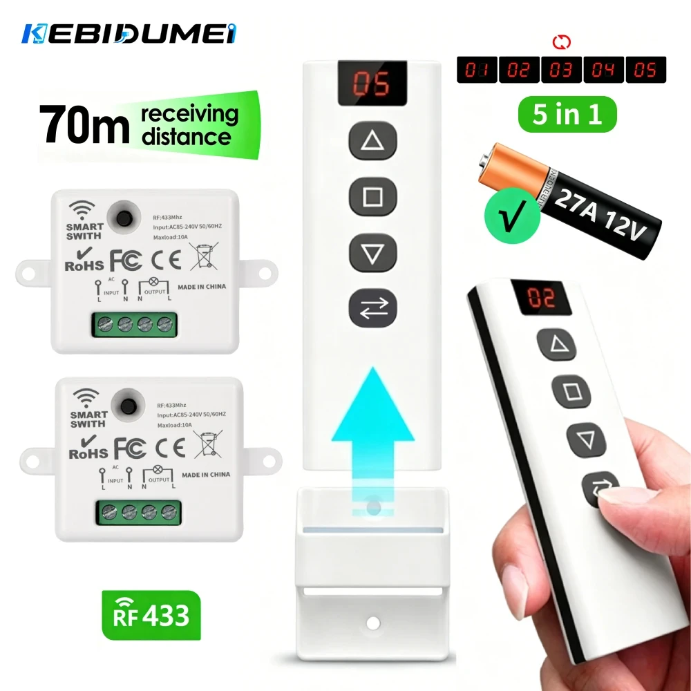 

KEBIDUMEI 433MHz Wireless Curtain Switch 110V 220V 10A RF Receiver 70m Remote for Roller Shutter Windows Blinds Garage door