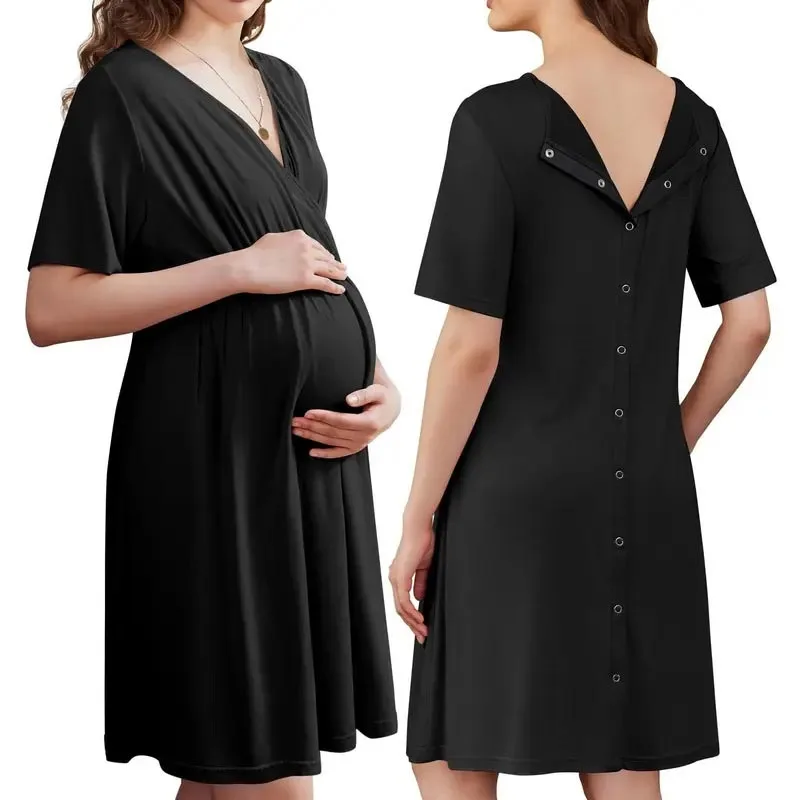 Maternity nursing dress with short sleeves and V-neck