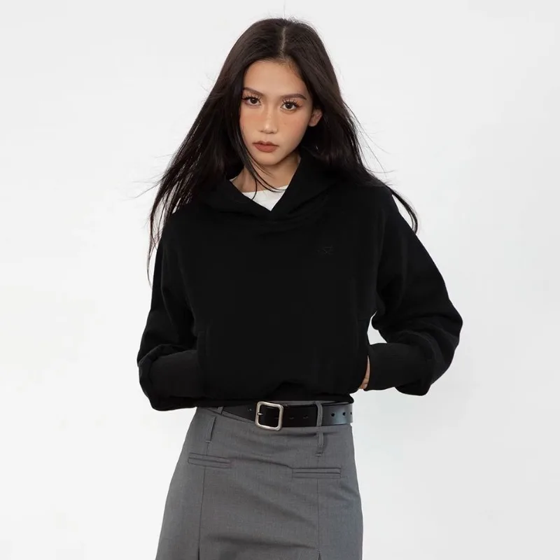 American Retro Short Hoodie Women's Autumn Versatile Solid Color Pullover Tops Girls Simple Hooded Coat Clean Fit Street Wear