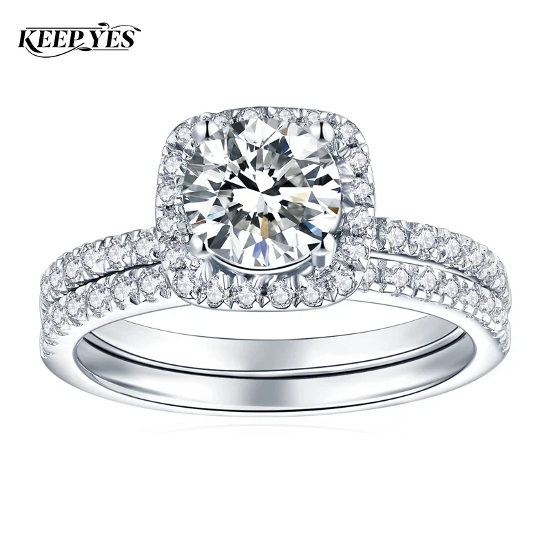 KEEP YES 6.5mm 1ct Square Moissanite Rings Sets for Women S925 Sterling Silver Platinum Plated Wedding Band Ring Fine Jewelry