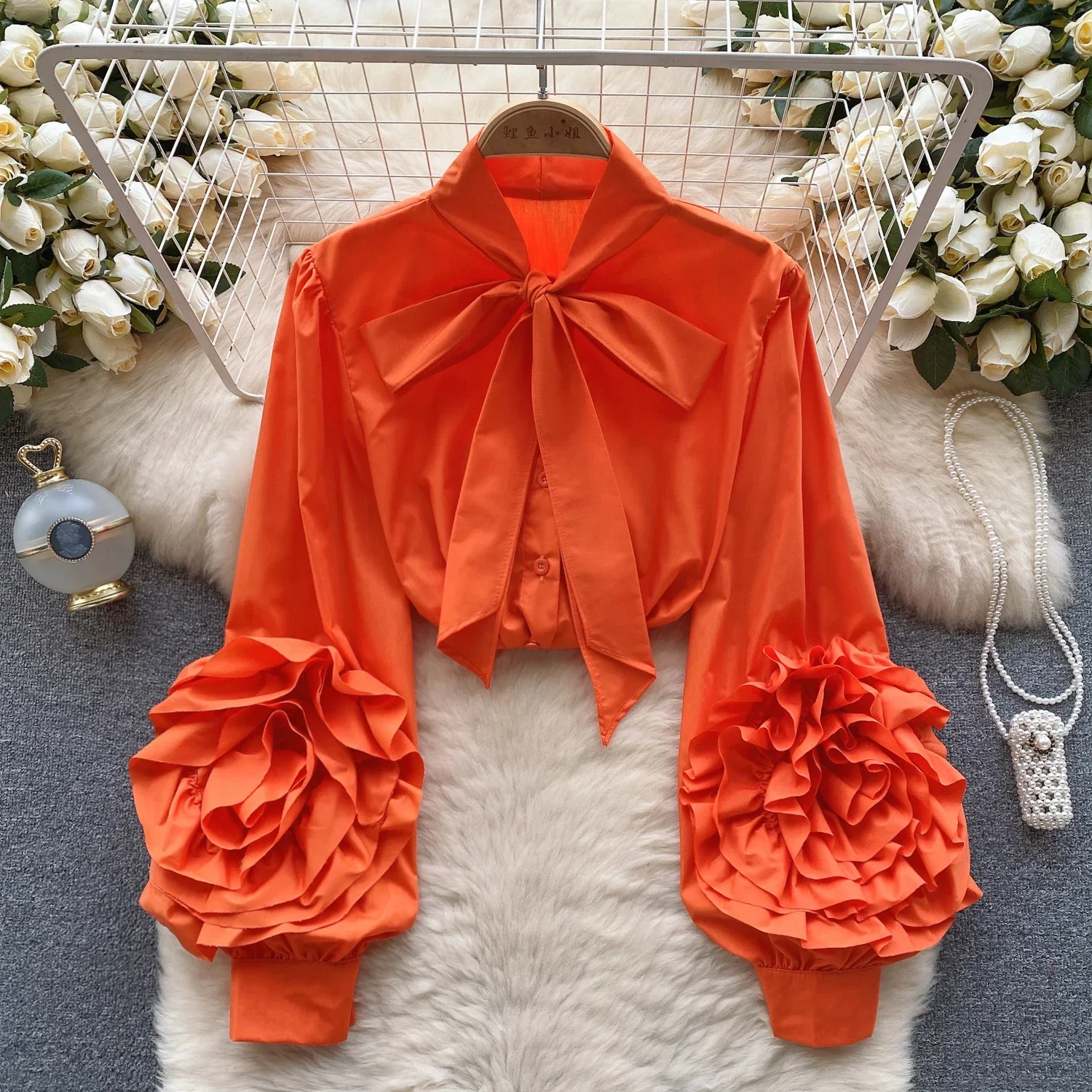 Spring Senior Shirt Women Bow Collar Lantern Sleeves Fashion 3D Flower Design High Street Elegant Loose Solid Blouse