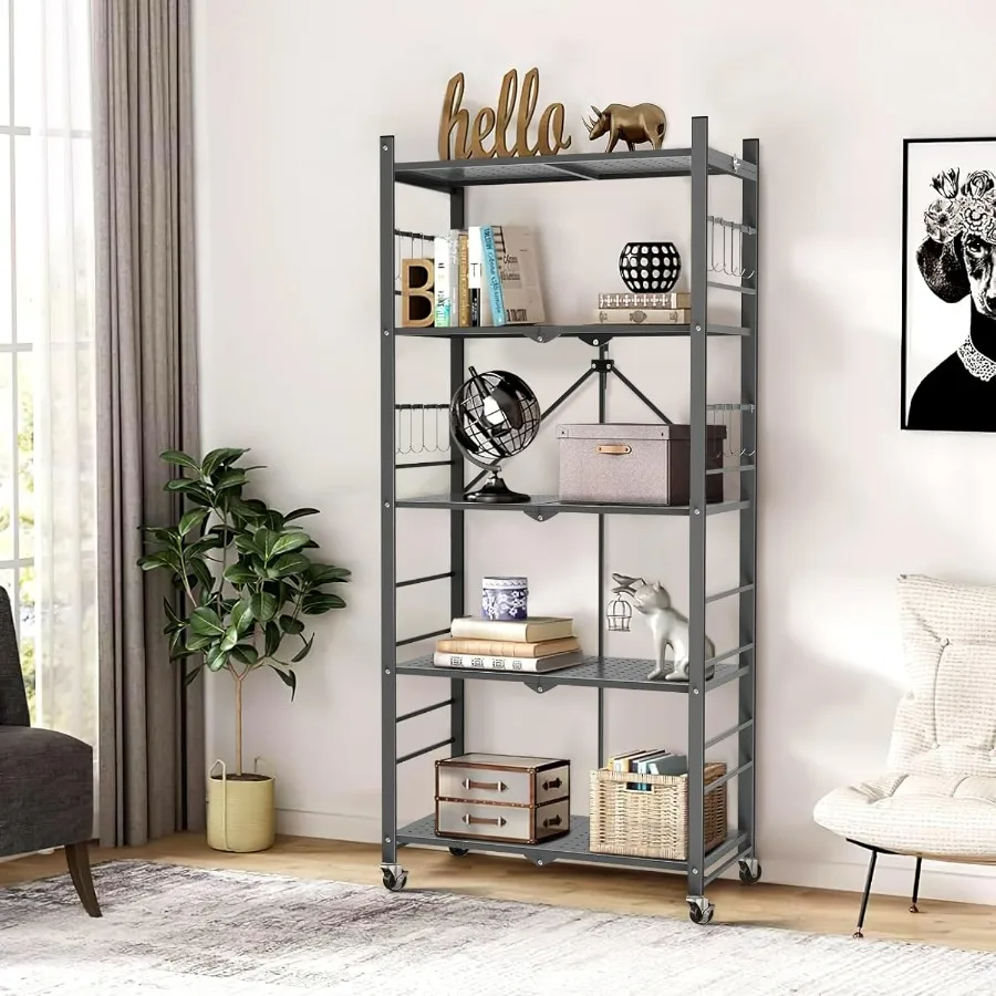 

5Tier Foldable Storage Shelves with 20 Hooks for Pantry Garage or Home Use Adjustable Folding Shelf Unit with Wheels for Easy M