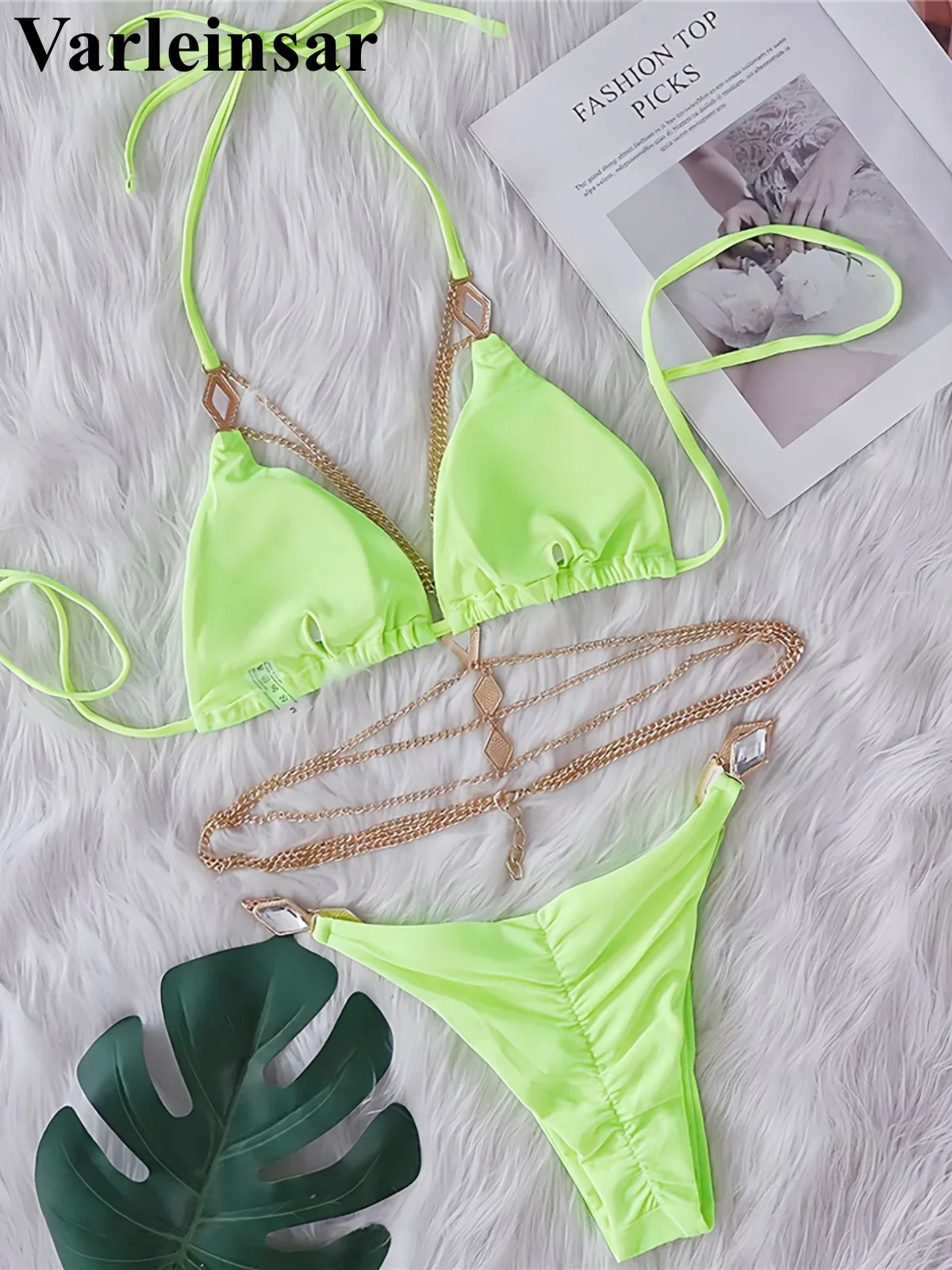 Diamond Rhinestones Halter Metal Ring Bikini Female Swimsuit Women Swimwear Two-pieces Bikini set Bather Bathing Suit Swim V5898