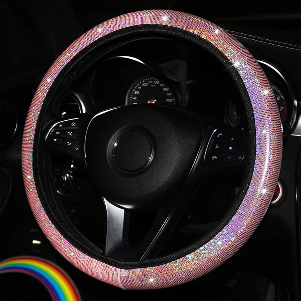 3Pcs Car Steering Wheel Cover Pink Bling Glitter Handbrake Gear Cover Auto Interior Steering Wheel Covers 37-38cm