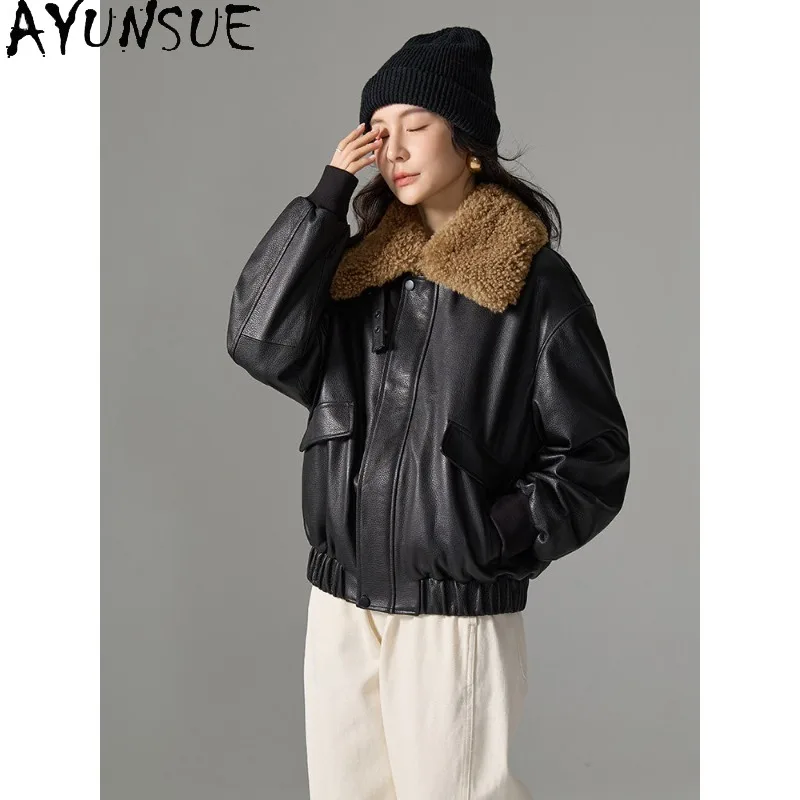 AYUNSUE Real Leather Down Jackets for Woman 2026 Winter Jacket Woman Long Sleeve Tops Fashion Commute Outerwear Woman Clothes 코트