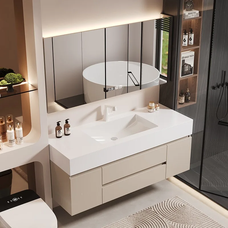 Cream wind bathroom cabinet combination rock slab seamless ceramic integrated basin toilet washbasin