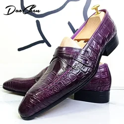 Mocassins de couro masculino, sapatos de couro luxuosos, estampa de cobra, preto e roxo, casamento de escritório