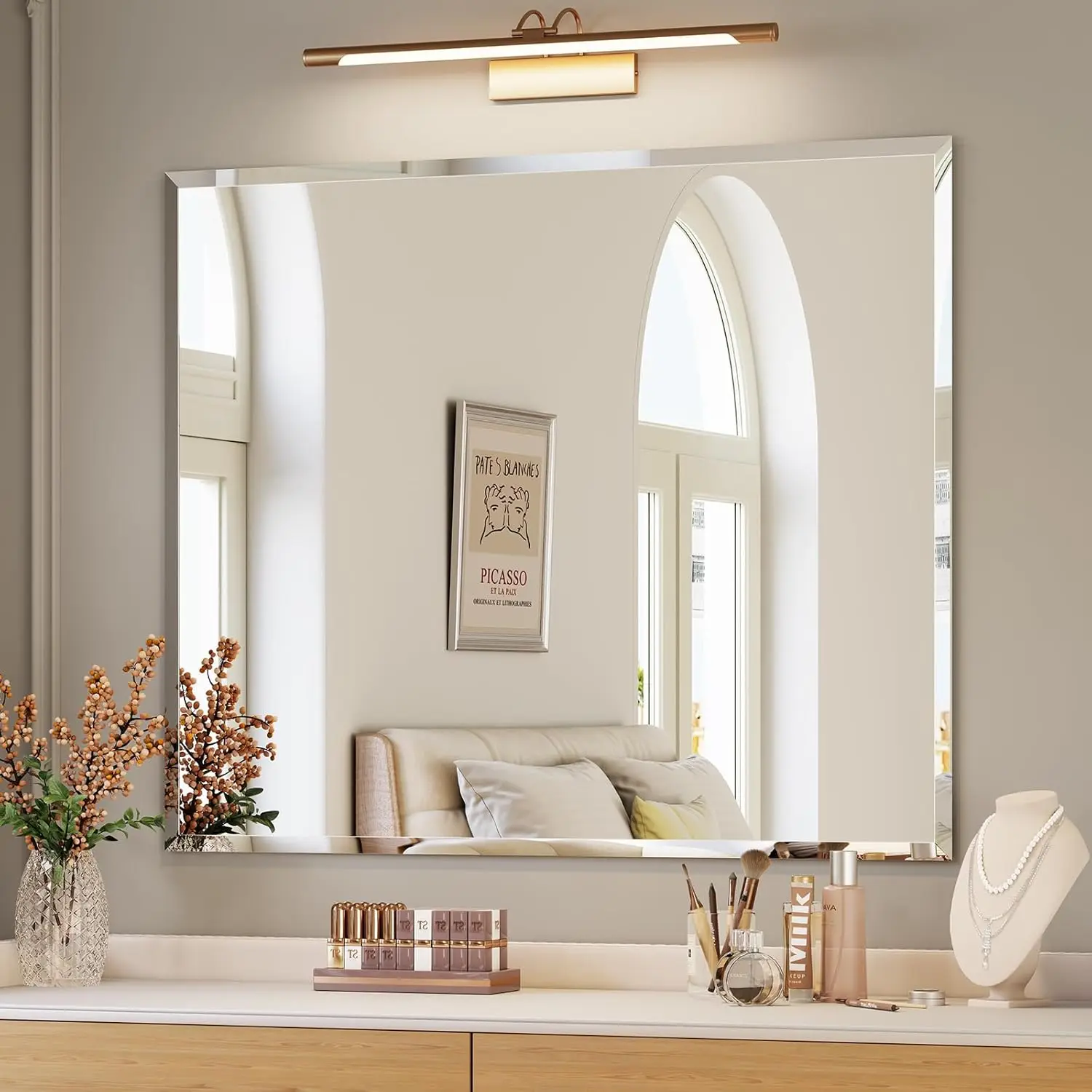 Frameless Bathroom Mirror 30x36 Beveled for Vanity Wall Mount Bedroom Entryway Living Room Hangs Horizontal or Vertical