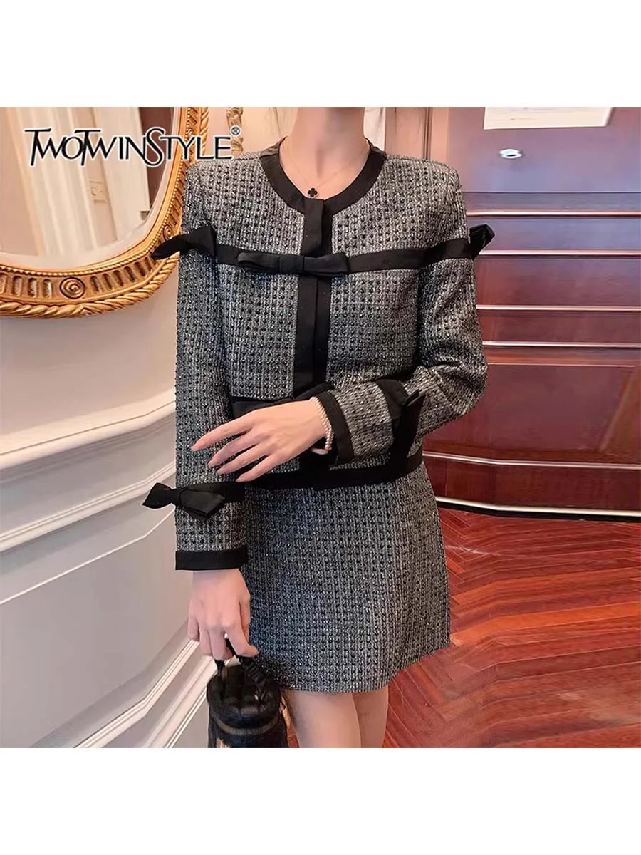 

TWOTWINSTYLE Solid Spliced Hot Fix Two Piece Sets for Women O Neck Long Sleeves Patchwork Bow Top High Waist Skirt Set Female