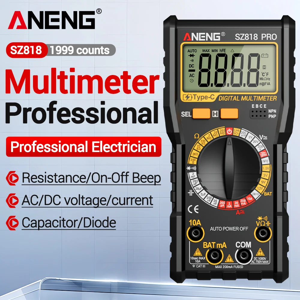 

ANENG SZ818 PRO Professional Digital Multimeters Detection Rechargeable NCV Induction AC/DC Voltage Electrician Tester Tools