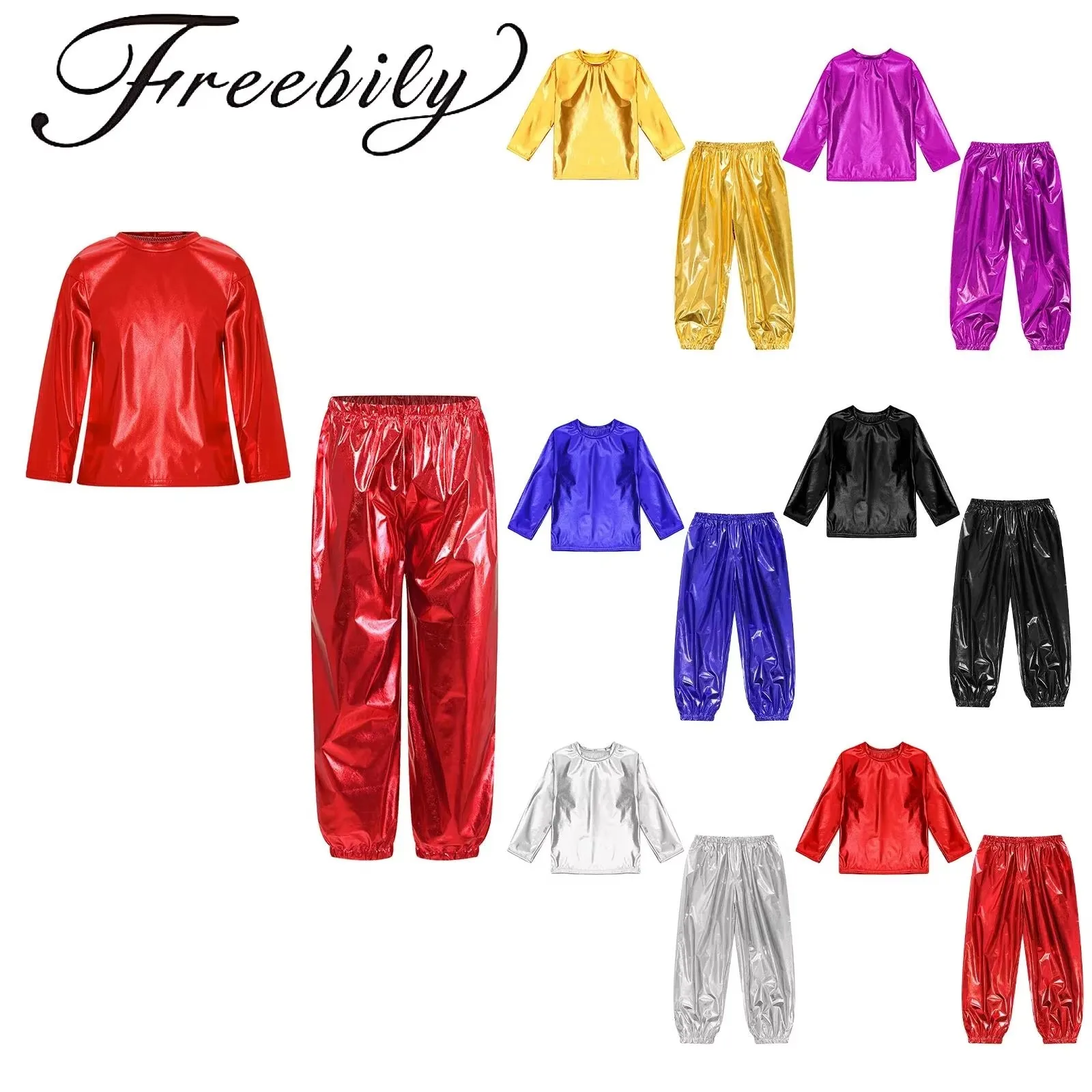 Metallic Shiny Jazz Dancewear Teen Girls Party Performance Outfit Long Sleeve Round Neck T-shirt Pants Suit Role Play Costumes