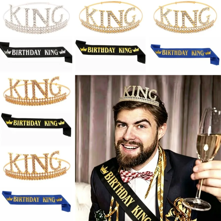 Royal Birthday Accessories for Men - Gold Metal Crown, Sash, for King Themed Party Decorations