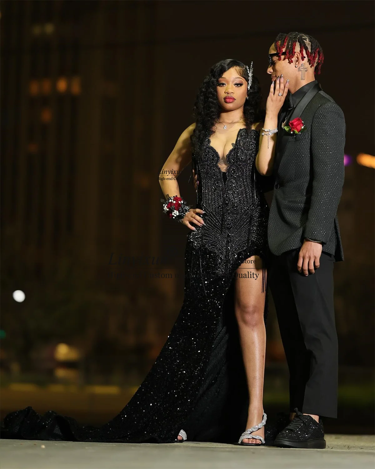 반짝이는 스팽글 인어 무도회 원피스, 아프리카 다이아몬드 구슬 장식, 격식 있는 파티 갈라 가운, 슬릿 이브닝 로브