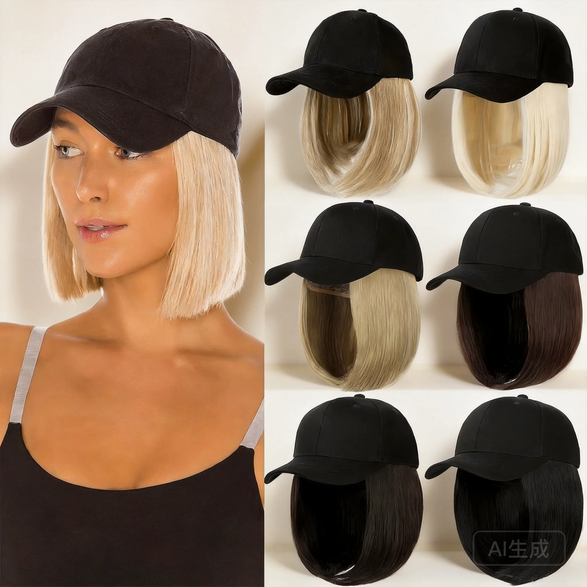 summer-uv-protection-adjustable-baseball-cap-with-short-straight-bob-wig-natural-looking-synthetic-hair-hat-for-women-outdoor