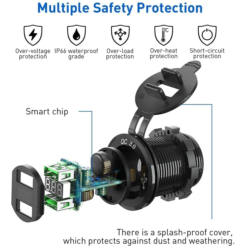 4x 12V Usb-Stopcontact, Dual Qc 3.0 Usb Autolader Met Schakelaar, 36W Usb Waterdichte Stopcontact Oplader (Met 1.1Inch Puncher)