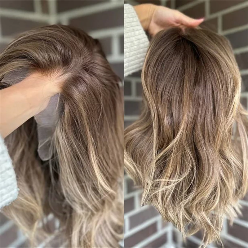 

Ombre Brown Blonde Balayage Wig for Wome Synthetic Lace Front Wig Pre Plucked Hairline Short Wave Bob 14 Inches Middle Part Wig