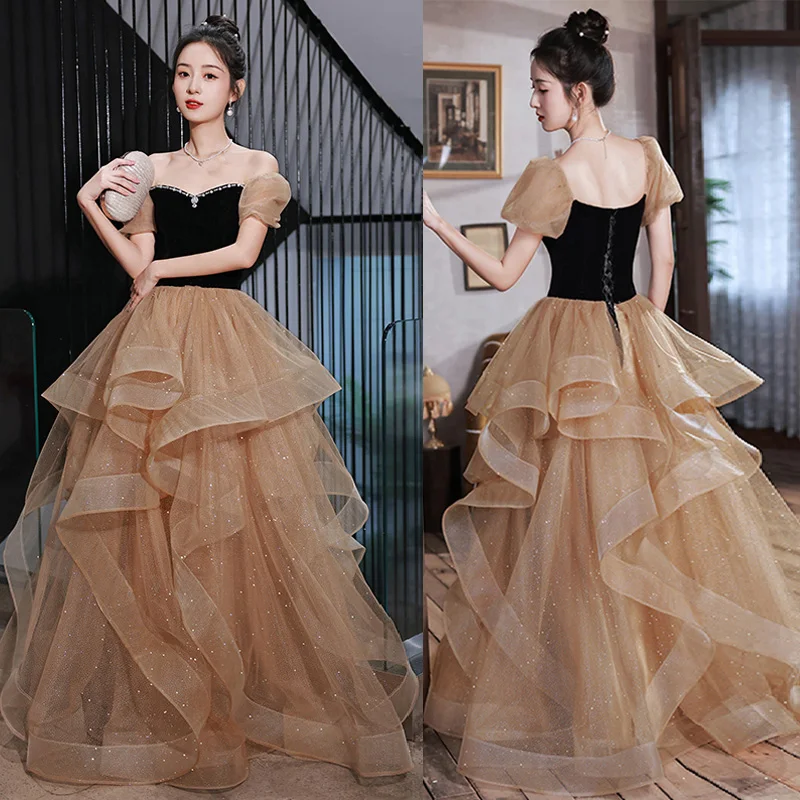 

It's Yiiya Strapless Ruched A-Line Lace Up Floor-Length Formal Dress Short Sleeves Tulle Luxurious New Dress Woman Party A2743