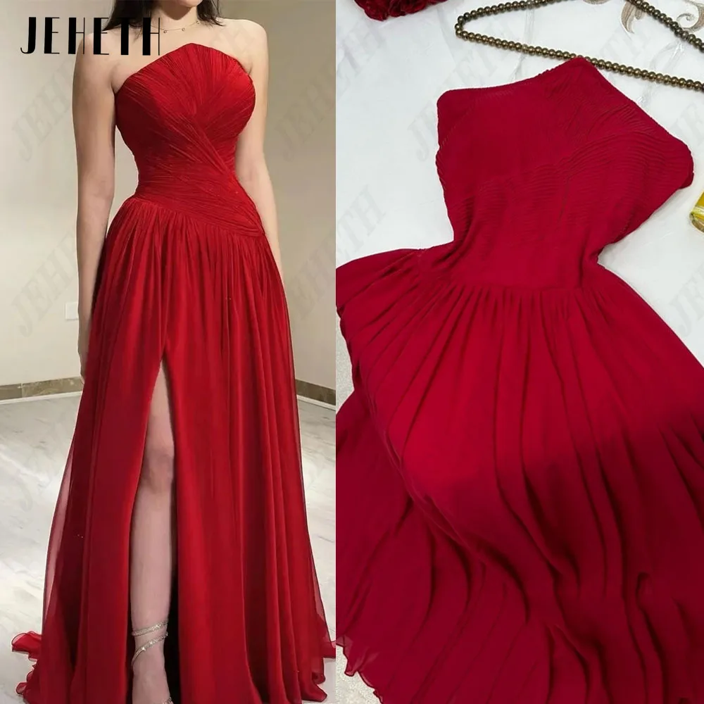 JEHETH Chiffon Evening Dresses Strapless Sleeveless A-Line Floor-Length Party Dress Side Split Saudi Arabia Women\'s Formal Dress