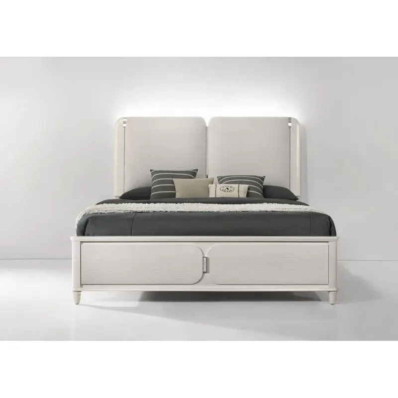 Light Gray Boucle & Pearl White Finish Queen Bed with LED Lighting