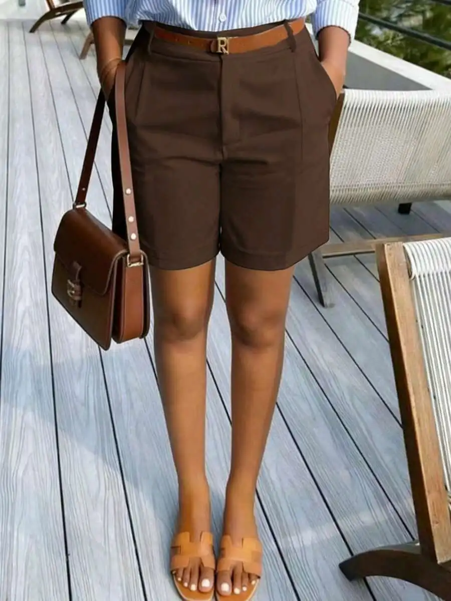 

Summer Solid Color Slant Pocket Casual Shorts For Women