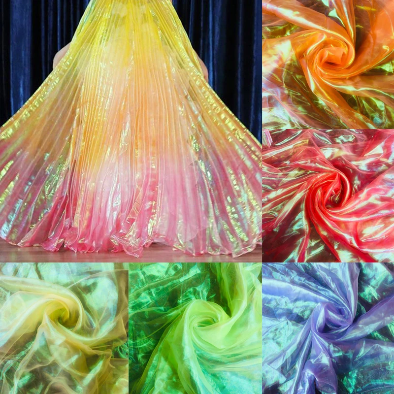 150cmx100cm Fluorescent Fabrics Colorful Shiny Gauze Fabric Stage Wedding Decor Transparent Holographic Sewing Material