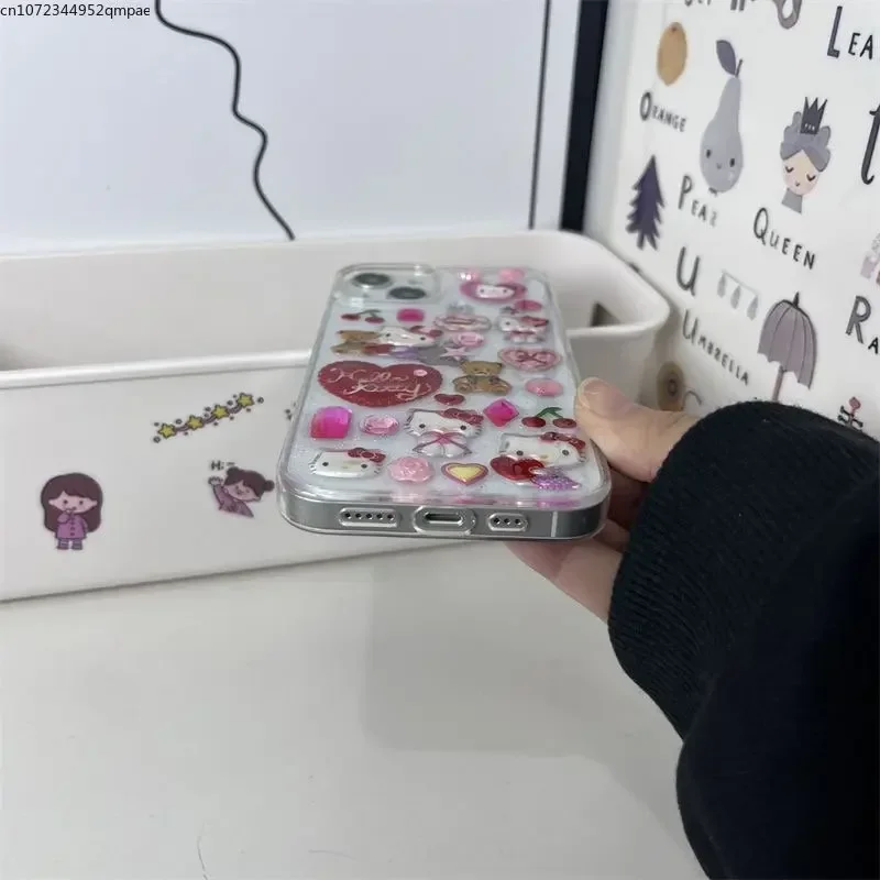 3D Sanrio Hello Kitty Sticker Glitter Phone Case for IPhone 16 11 12 13 14 15 Pro Max  Y2k Girl Anti-drop Soft Back Cover Gift image 6