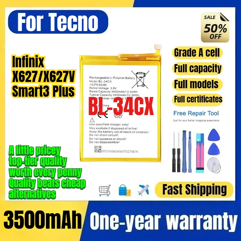 BL-34CX for Tecno Infinix X627/X627V/Smart3 Plus Phone Battery High Quality Capacity Replacement Bateria Grade A Cell with Tools