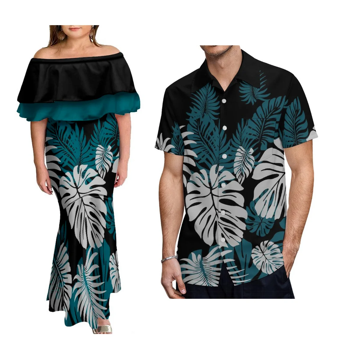 

Summer Pacific Island Art Sustainable Off-The-Shoulder Long Dress Large Size Design Dress Party And Men'S Short-Sleeved Shirt