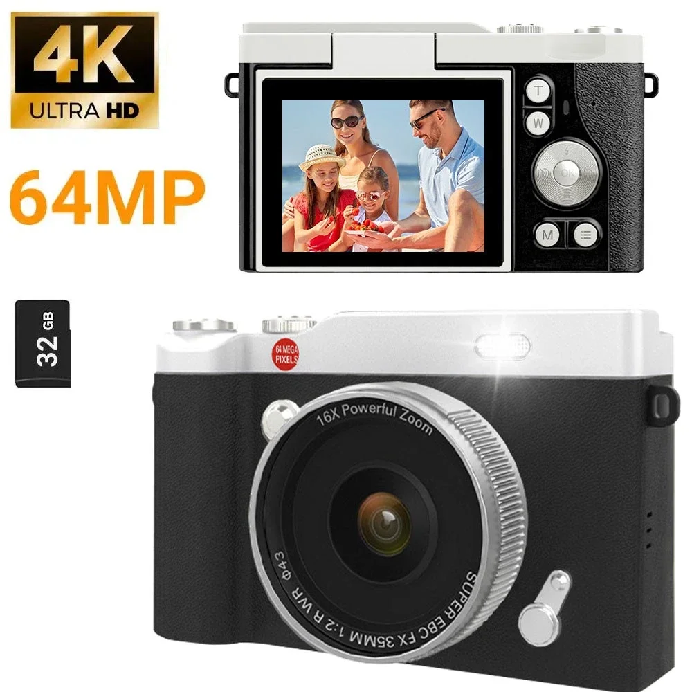 Retro Digitalkamera mit 32G Speicherkarte, 64 MP, 4K, 16-fach Zoom, CMOS-Sensor, 2,4-Zoll, AF Autofokus Elektronischer Bildstabilisator