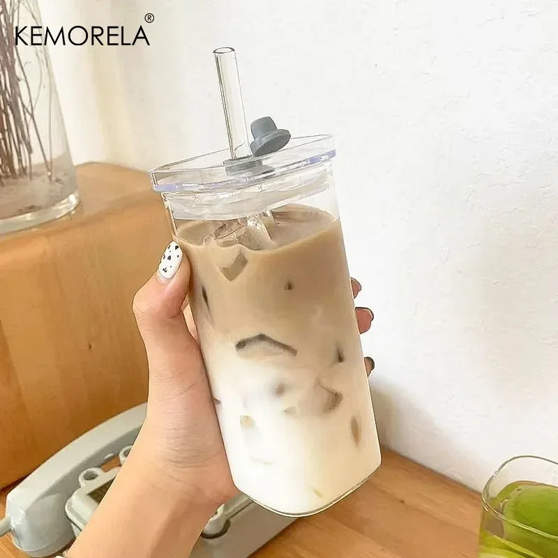 KEMORELA 1Pcs Square Heat Resistant Coffee Glass Cup With or Without Cover Straw Transparent Milk Tea Cups Coffee Mug Drinkware