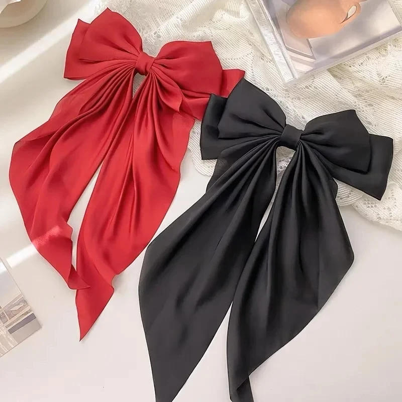 1 Piece Elegant Large Satin Bow Hair Clip Women Girl Black Pink Spring Clip Hair Pin Retro Headband with Clips Hair Accessories