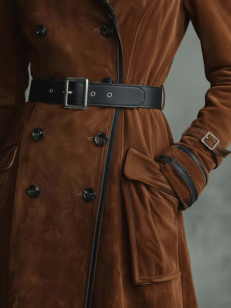 

Двубортная женская куртка с карманами для отдыха, осенне-зимняя темпераментная меховая верхняя одежда, винтажный коричневый плащ с лацканами и длинными рукавами