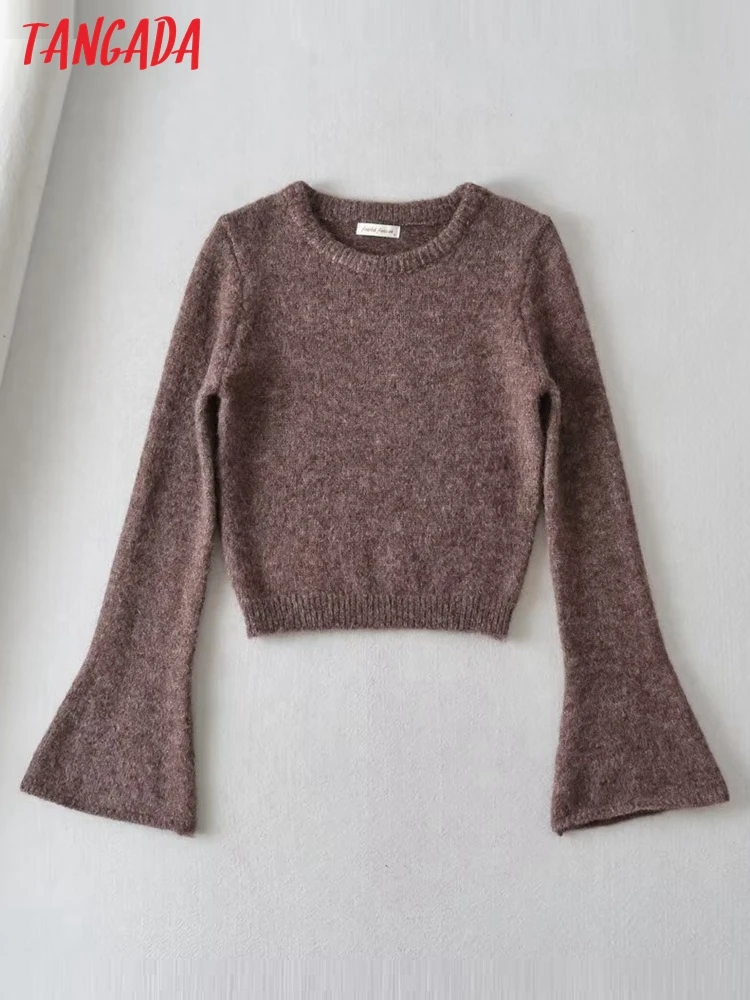 Tangada Women Thick Solid Knit Sweater Flare Long Sleeve Female Cropped Jumper 2T51