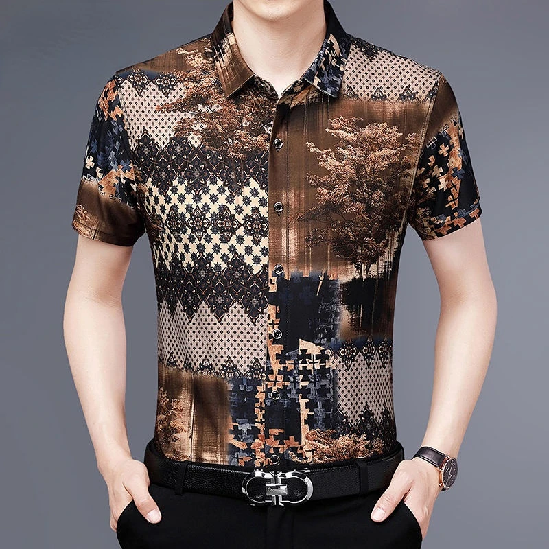 Y2k Vintage Men Summer Short Sleeve Floral Shirt Fashion New Printed Button Lapel Male Clothes Casual Loose Ice Silk Tops 2023