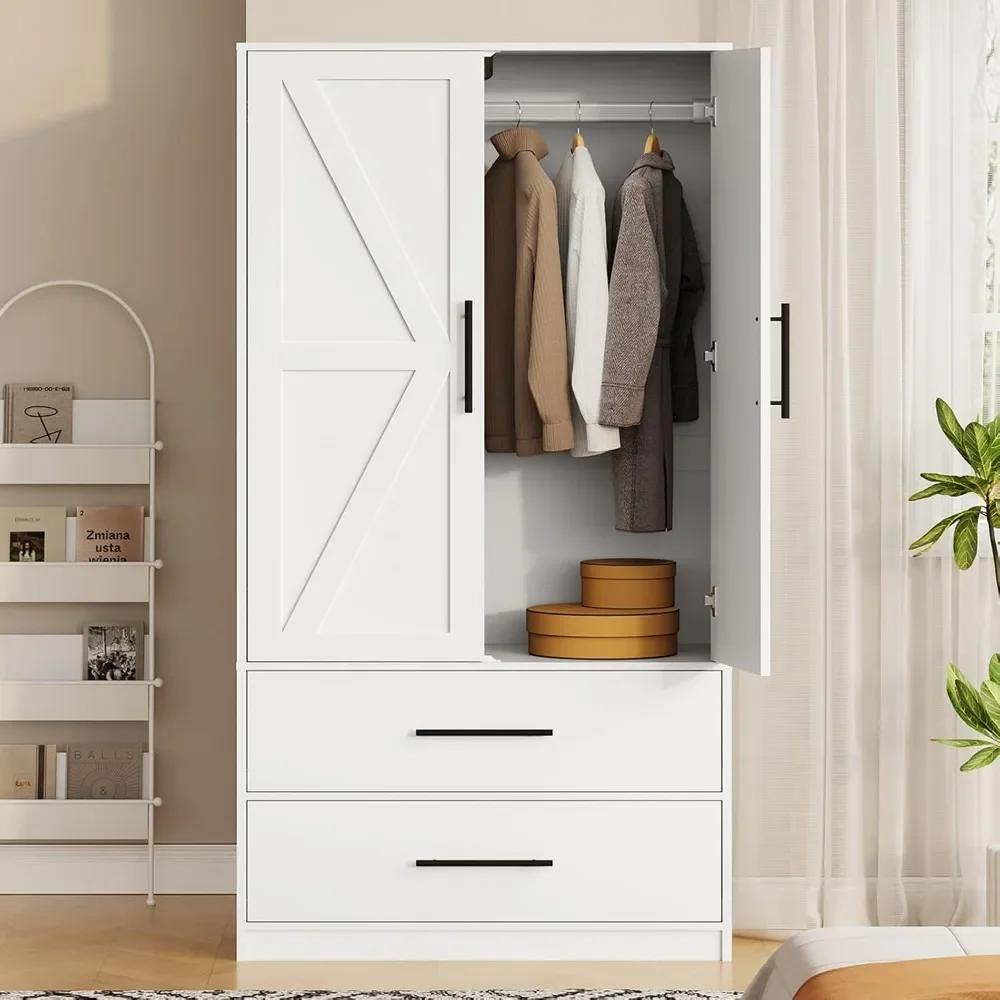 خزانة ملابس بذراع المزرعة مع أدراج وأبواب، خزانة ملابس خشبية مع قضيب معلق لتخزين الملابس