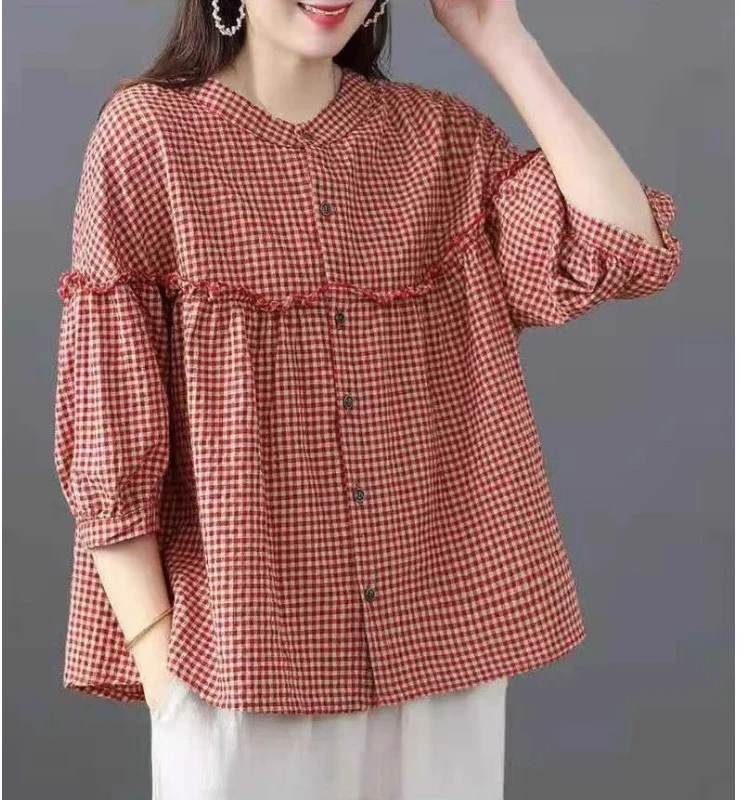 Japanese Sle Loose Large Size Cotton Linen irt Women's Loose Fit Slimming Five Sve ains Cheered Button up Top