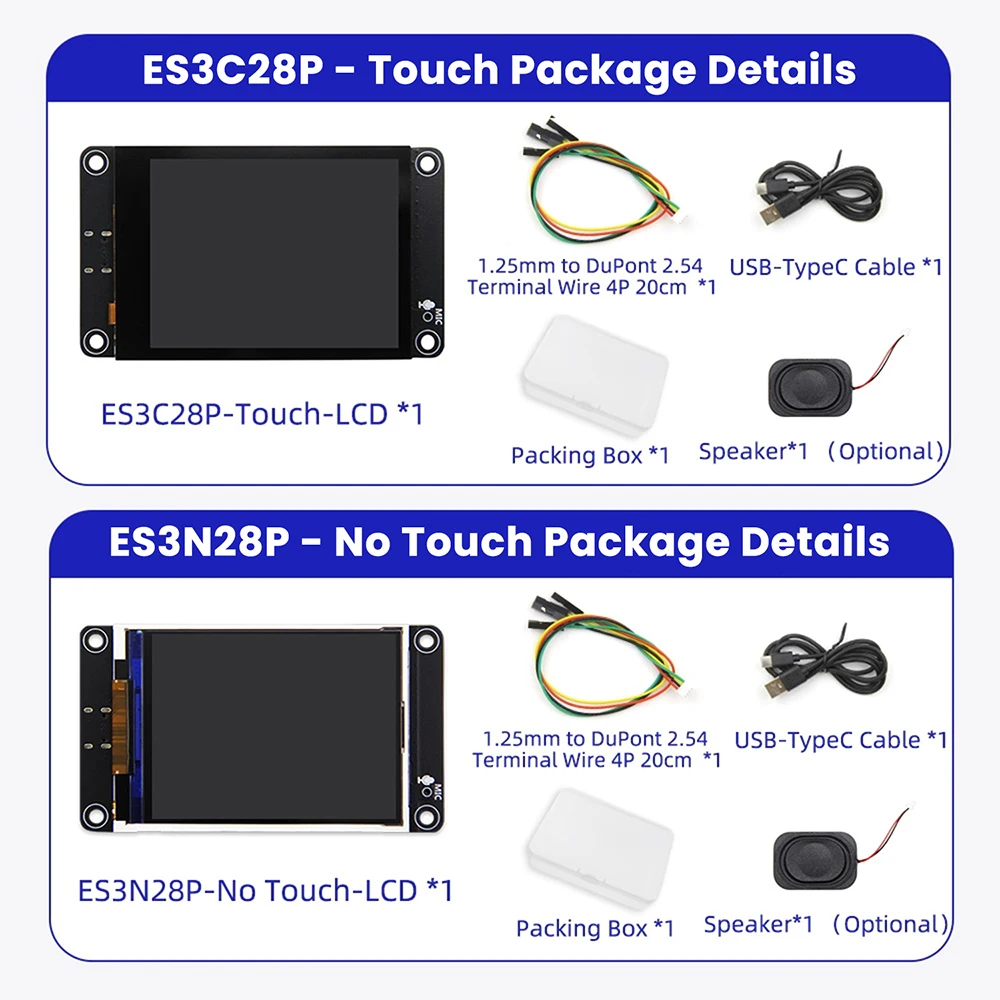 لوحة تطوير ESP32-S3 مع شاشة ملونة 2.8 بوصة معالج ثنائي النواة واي فاي بلوتوث AI لوحة عرض ذكية واجهة من النوع C