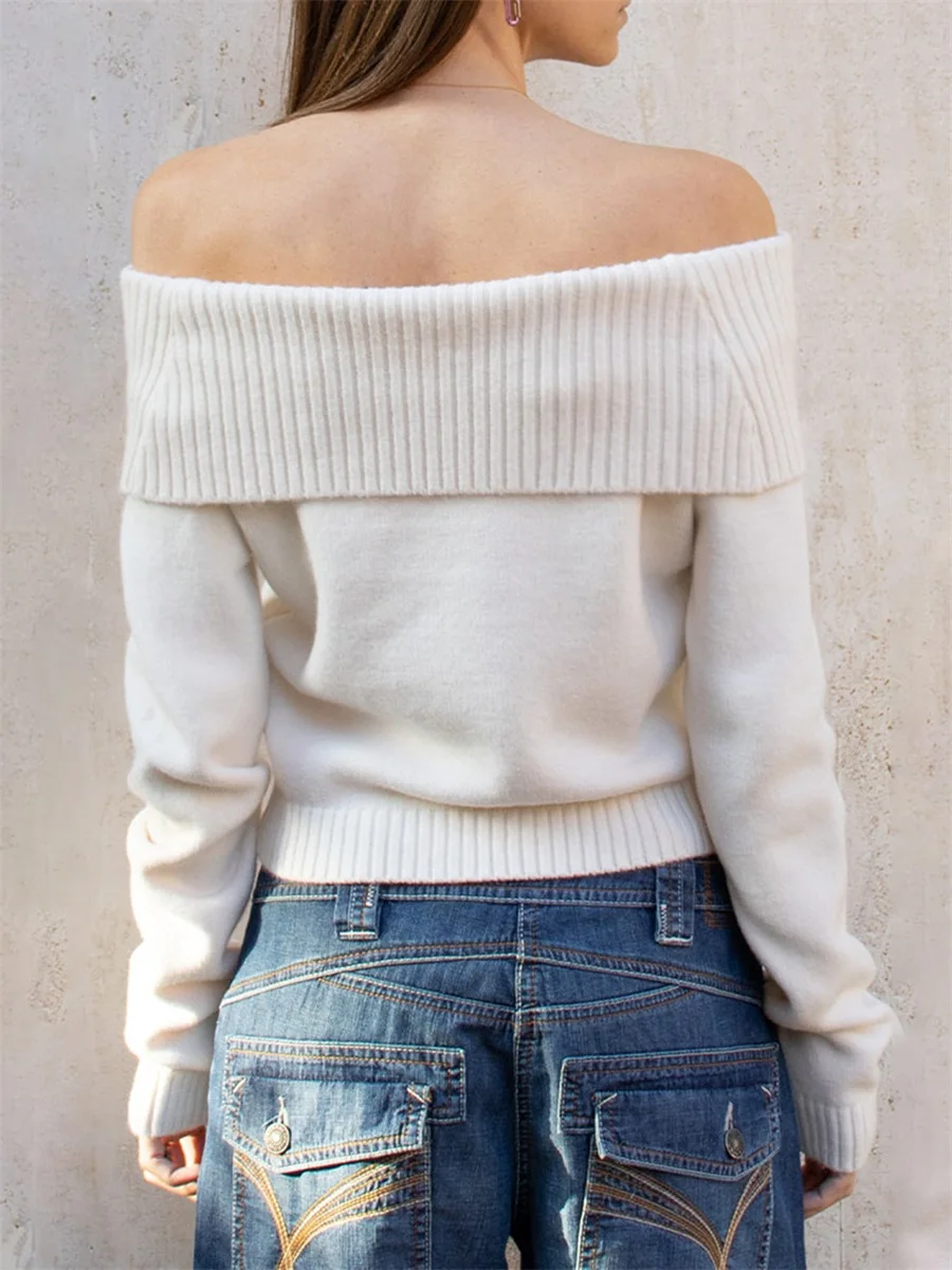 Womens Off Shoulder Sweater Slim Solid Fold Over Long Sleeve Crop Knit Tops Casual Fall Streetwear