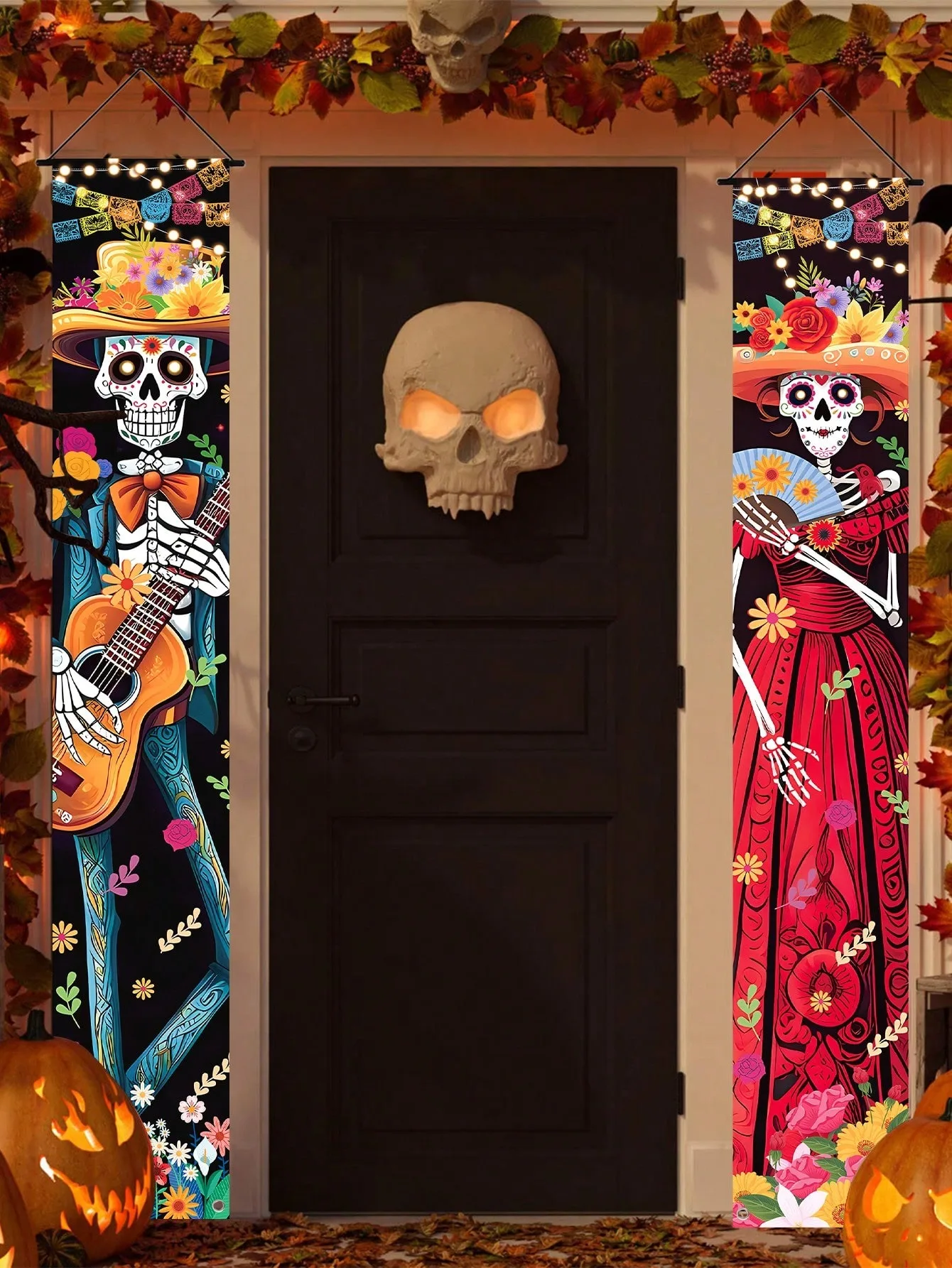 Mexikanisches Fiesta-Todestags-Türbanner-Set mit Zuckerschädel-Paar aus Polyester, Halloween-Veranda-Schild für Innen- und Außenpartys – Detail 2
