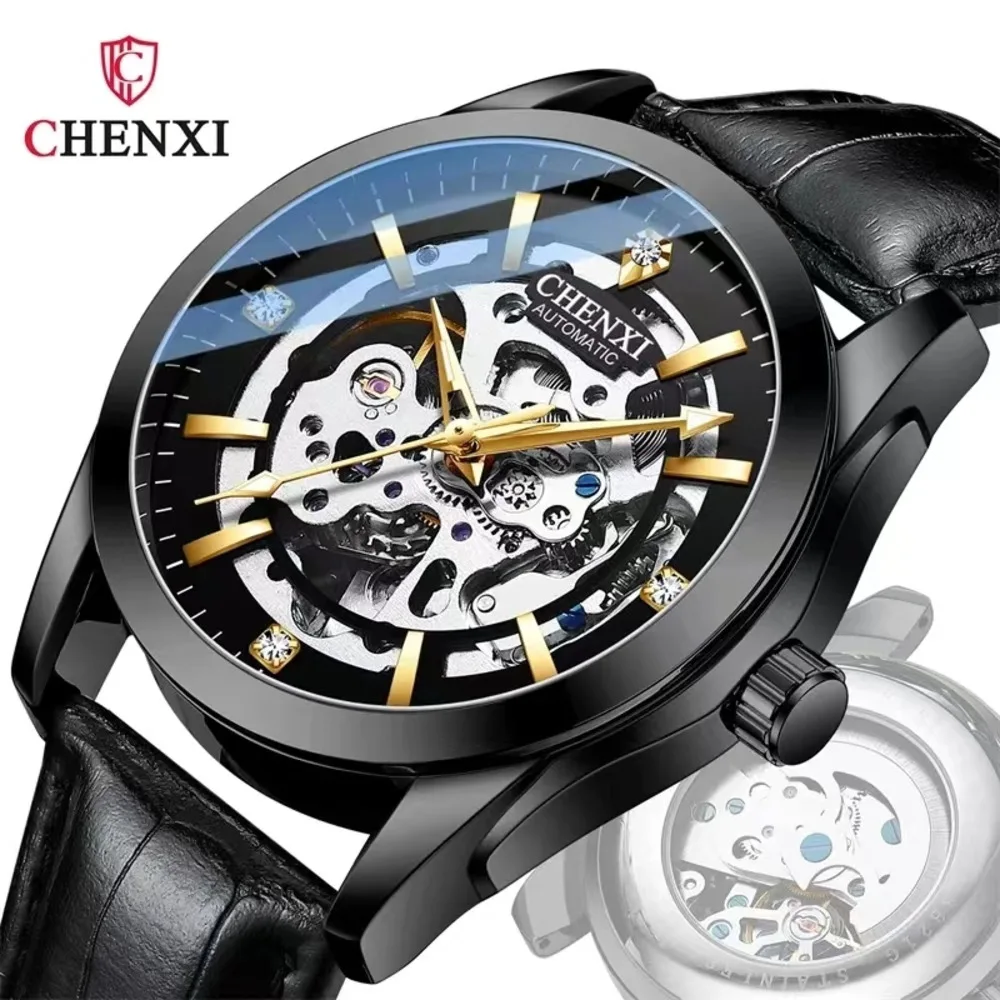 

CHENXI Watches For Men 8821 Automatic Mechanical Wristwatch Waterproof Luminous Hollow Leather Strap Mens Watch Reloj Hombre