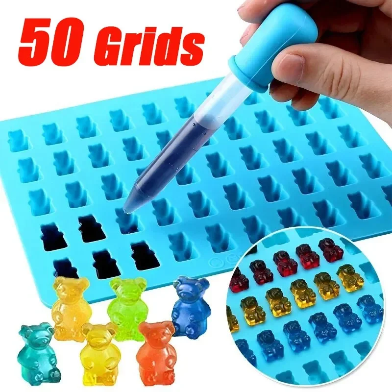 50 Grids Gummy Bear Mold Silicone Cute Bear Jelly Mould with Dropper Candy Chocolate Fondant Moulds DIY Baking Decoration Tools