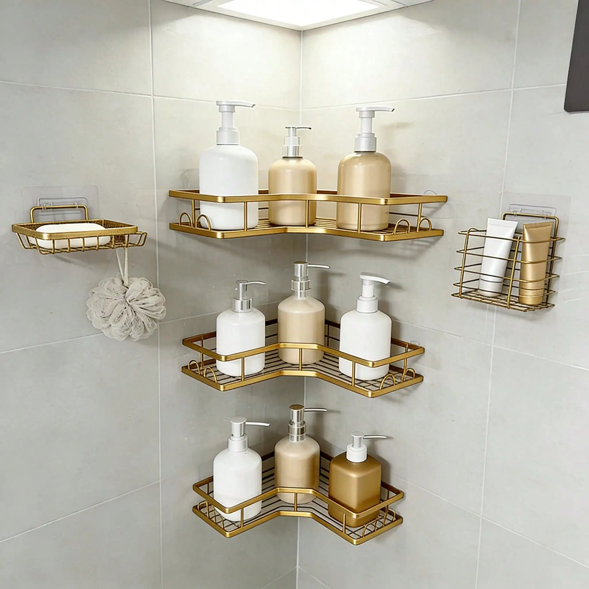 Self Adhesive Shower Caddy, Stainless Steel Bathroom Corner Shelf, No Drilling, Rustproof Durable, Shampoo Body Wash Basket