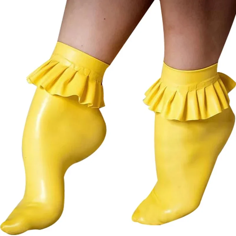 

customized Yellow Sexy Short Ankle Rubber Latex Socks With Ruffles Frills At Top For French Maid Unifrom clubwear